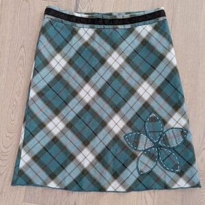 Jacob Teal and Brown Plaid A-Line Skirt with Floral Accent